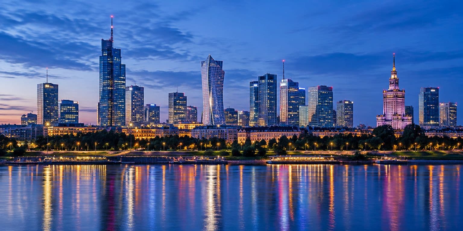 Panorama Warszawy nad Wisłą o zmierzchu